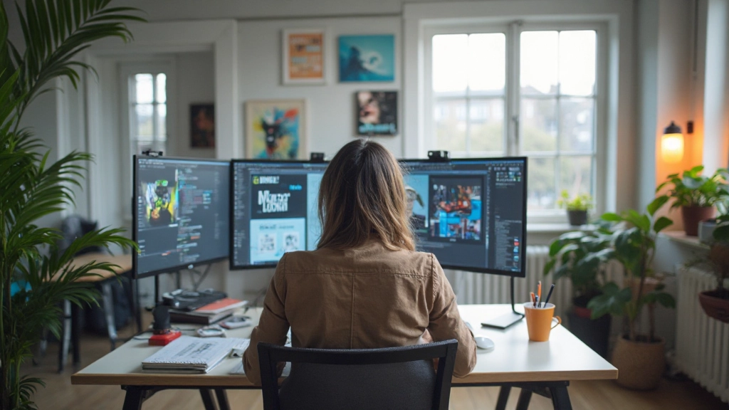 Modern creatief design studio met meerdere monitoren en designtools