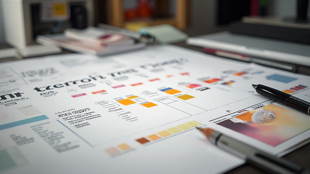 Design system visualisatie met kleurpalet, typografische schaal, en hiërarchische elementen