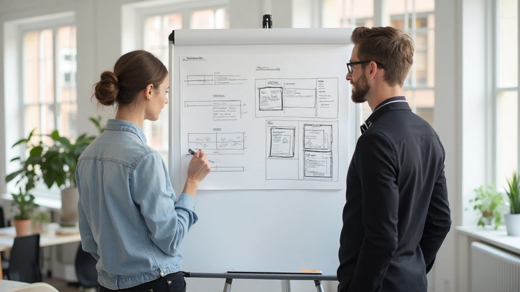 Design team in samenwerking bij whiteboard met project planning en sketches