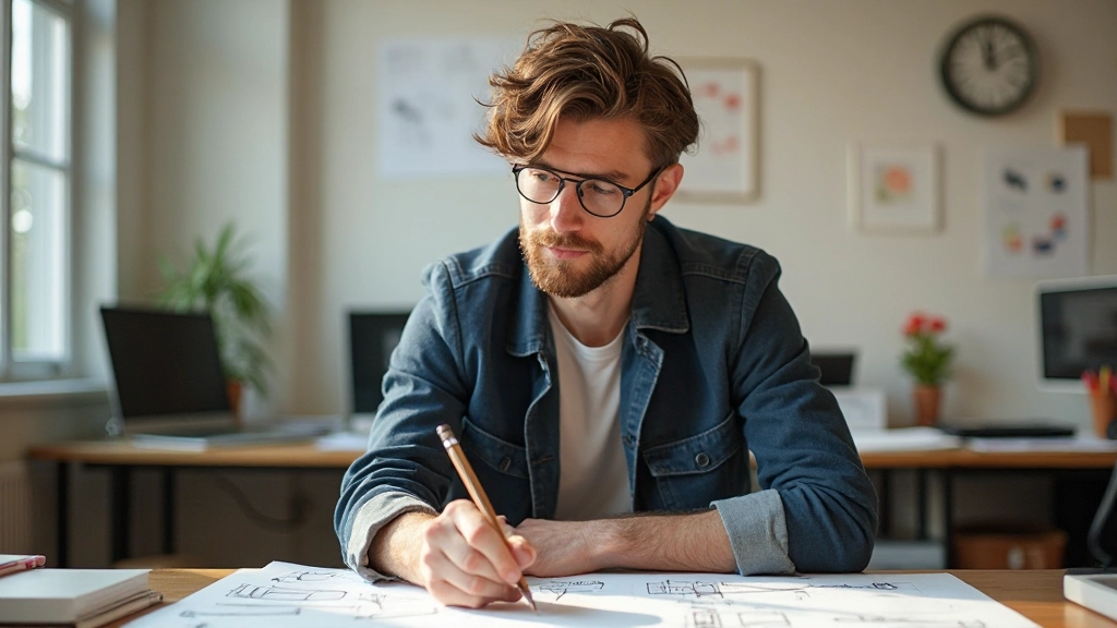 Designer die aan zijn bureau werkt met schetsblok, computer en design tools, natuurlijke werkstudio omgeving