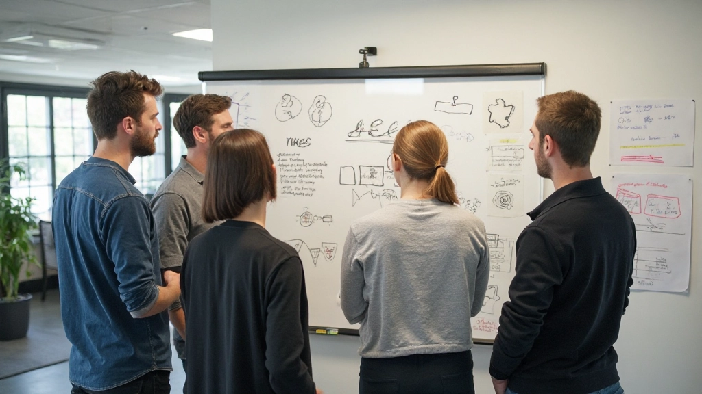 Team in brainstorm sessie rond whiteboard vol design ideeën en sketches